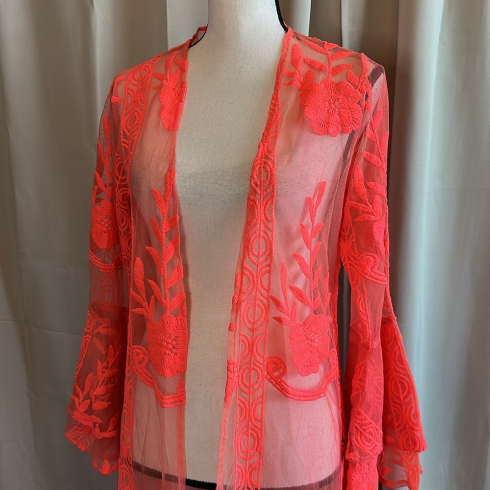 Sheer Bright Pink Neon Floral 60s 70s inspired Long Kimono DusterCardigan - Picture 2 of 6